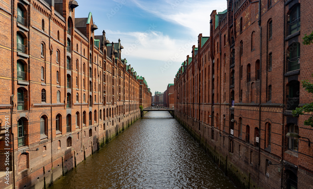 Speicherstadt. Warehouses of Hamburg port. Neo-gothic and modernist arcuitecture. Hamburg, Germany.