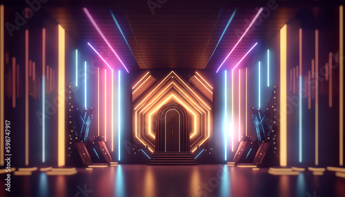 Light art deco stage, pedestal podium. dark abstract sci-fi, technology room with orange, pink and blue electric neon pillars and lines. Generative AI