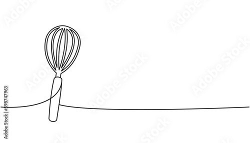 Cooking whisk one line continuous drawing. Kitchen tools continuous one line illustration. Vector minimalist linear illustration.