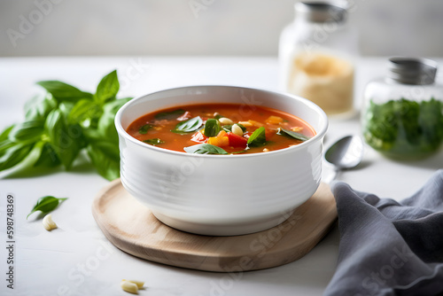 Vetegable tomato soup with basil leaves on the table in white kitchen, healthy eating concept. Generative AI Generative AI