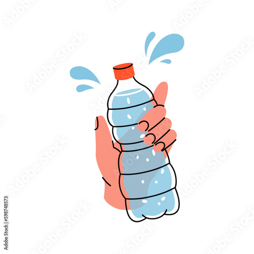 Hand with plastic bottle icon. Empty glass or plastic bottle silhouette. Vector illustration.