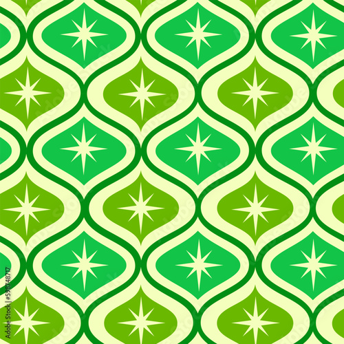 Mid century modern atomic starburst on  lime green, jade green ogee ovals seamless pattern.