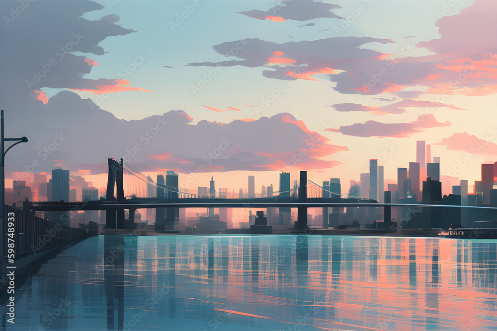 Fototapeta premium Sunset over New York city with bridges over the Hudson River Generated Ai