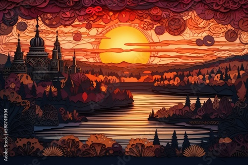 Paper cut 3d illustration of Kremlin, russian palace, nature and culture, with dark sunset, generative ai