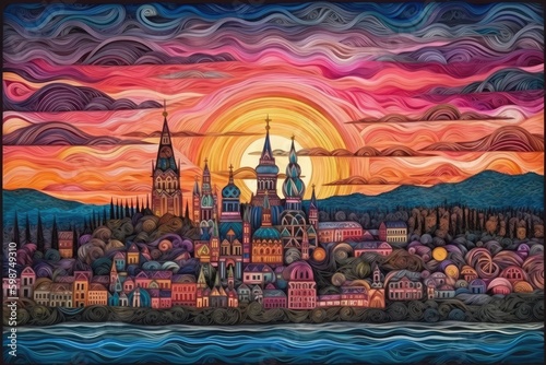 Paper cut 3d illustration of Kremlin, russian palace, nature and culture, with dark sunset, generative ai