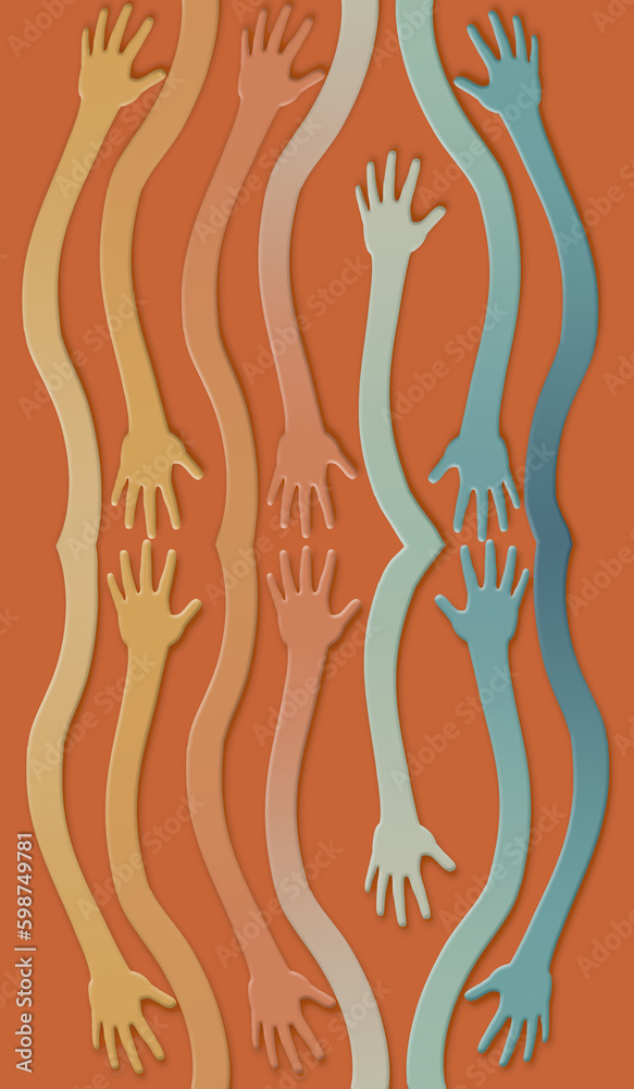 Human hands with long curving arms reach across this 3d illustration