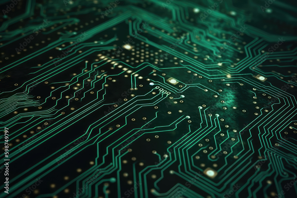 Digital Circuitry Wonders. Dive into the complexity of a close-up shot capturing a green circuit abstract background, symbolizing high-tech marvels. Copy space. Electronics concept AI Generative Digital Circuitry Wonders. Dive into the complexity of a close-up shot capturing a green circuit abstract background, symbolizing high-tech marvels. Copy space. Electronics concept AI Generative