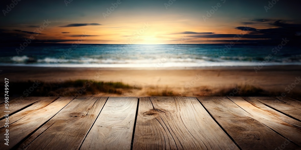 Empty wooden surface with blurres sea background
