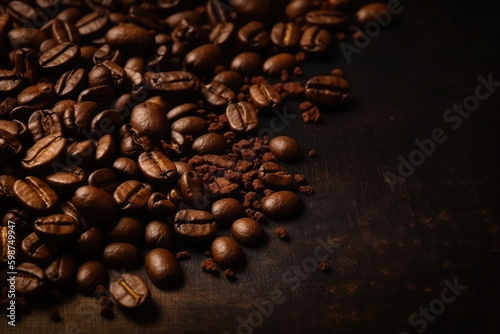 Coffee Bliss. Coffee Cup and Scattered Beans on Table with Copy Space. Java Delight. Coffee Cup and Scattered Coffee Beans on Table Background.