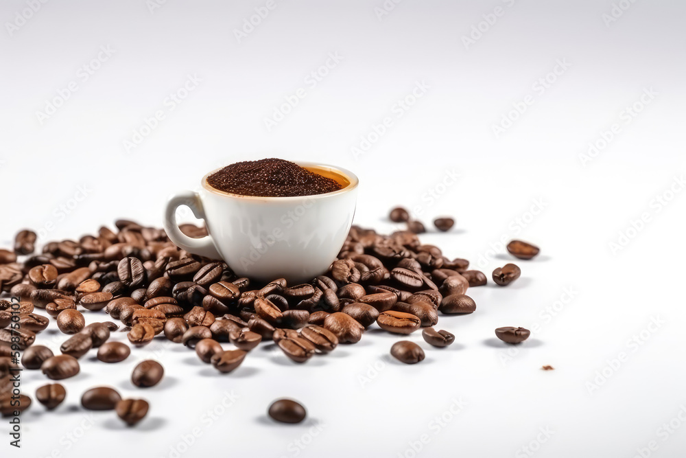 Relaxing Coffee Banner. Hot cup of aromatic coffee adorned with coffee beans, isolated on a serene white background with space to text. Copy space. Relaxation drink concept AI Generative Relaxing Coffee Banner. Hot cup of aromatic coffee adorned with coffee beans, isolated on a serene white background with space to text. Copy space. Relaxation drink concept AI Generative