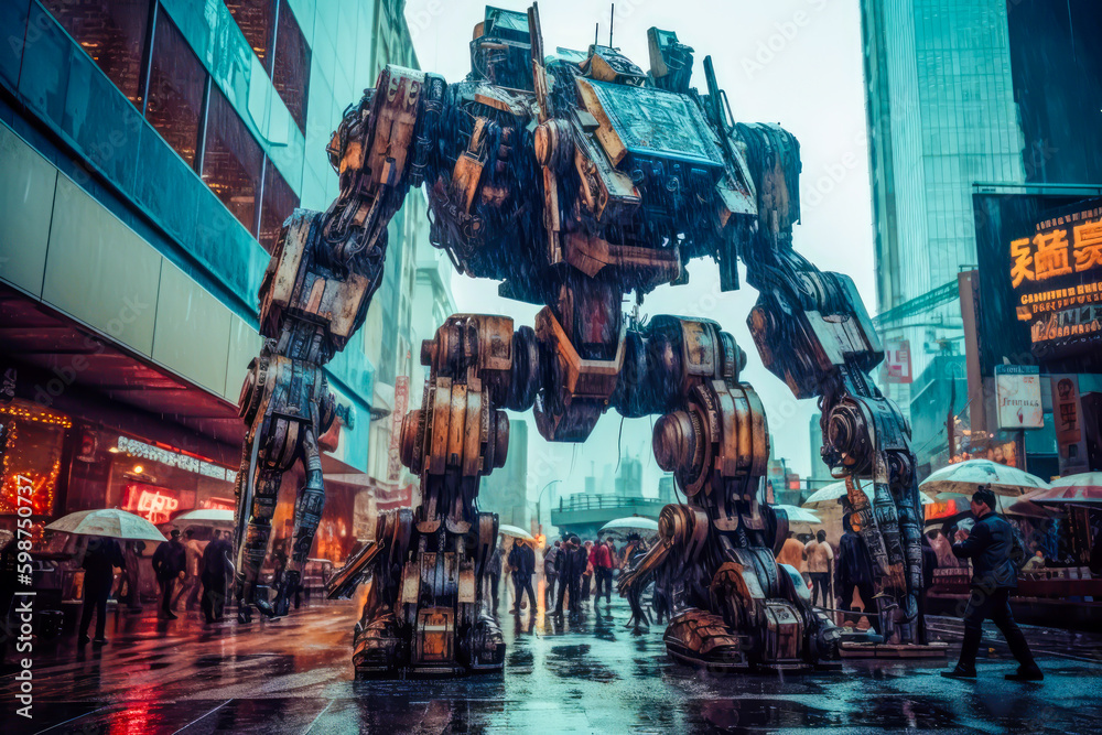 a giant droide machine in the city, future concept, generative ai