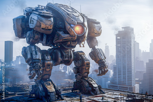 a giant droide machine in the city, future concept, generative ai