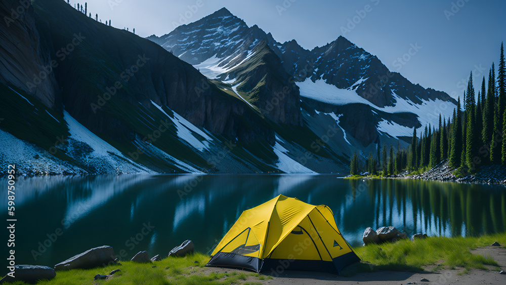 campsite tent by the lake in mountains (Generative AI)