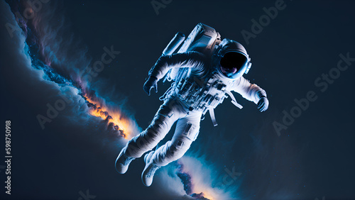 Backlight galaxy view of an astronaut jumping into the air in space. (Generative AI)