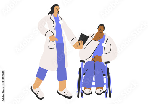 Doctors during consultation. A female doctor presents the diagnosis to a doctor in a wheelchair. Stylized shapes, vector characters. 