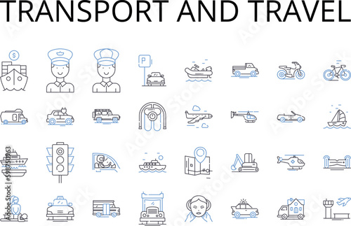 Transport and travel line icons collection. Commute, Voyage, Mobility, Pilgrimage, Transfer, Excursion, Expedition vector and linear illustration. Trek,Passage,Cruise outline signs set Generative AI