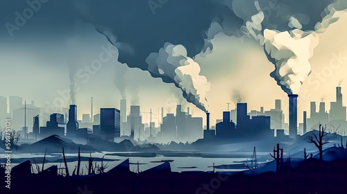 a illustration of a city full of pollution, industries, environment, generative ai.