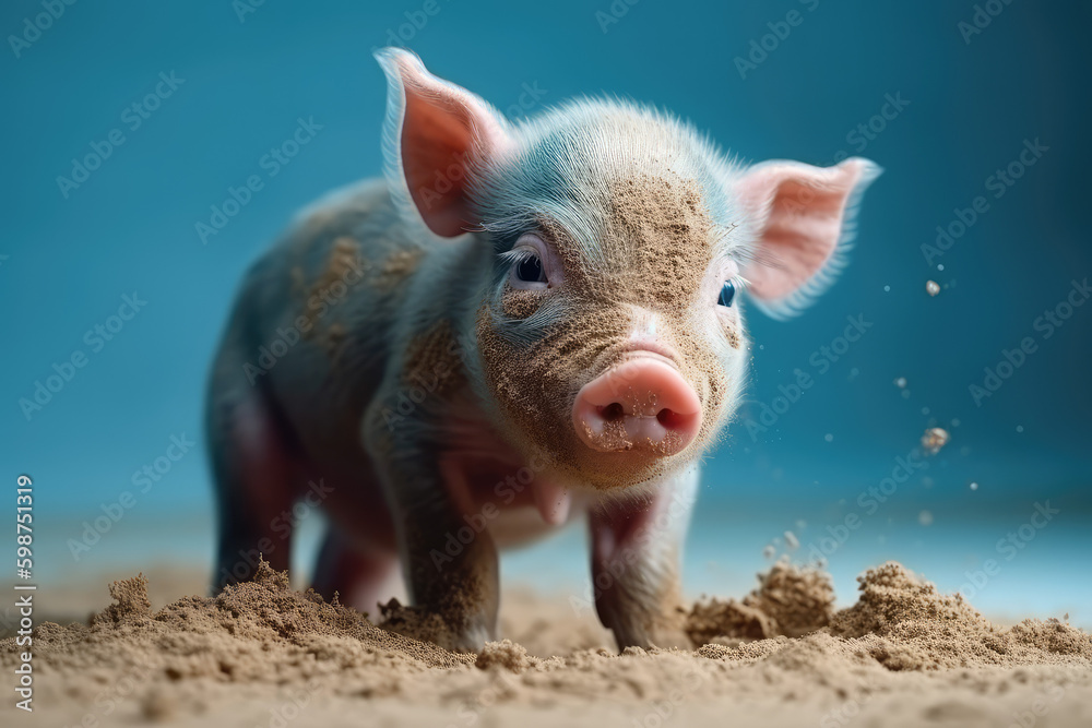 Curious Farm Friend. Cute Pink Piglet with an Innocent Expression, Snuffling in the Dirt on a Light Blue Background. AI Generative Curious Farm Friend. Cute Pink Piglet with an Innocent Expression, Snuffling in the Dirt on a Light Blue Background. AI Generative