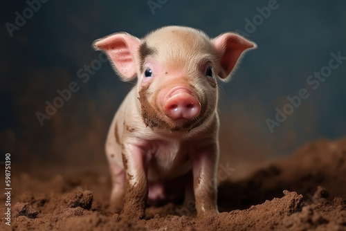 Curious Farm Friend. Cute Pink Piglet with an Innocent Expression, Snuffling in the Dirt on a Light Blue Background. AI Generative © Mr. Bolota