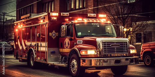 Red fire truck emergency vehicles. The fire engines are with ladders, firefighting apparatus and water to save lives, suppress wildfire and assist vehicle collisions. digital art