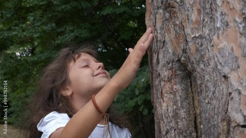 Conservation child tourism in eco park. A happy eco-friendly little girl embrace the tree in the forest. Generative AI Conservation child tourism in eco park. A happy eco-friendly little girl embrace the tree in the forest. Generative AI