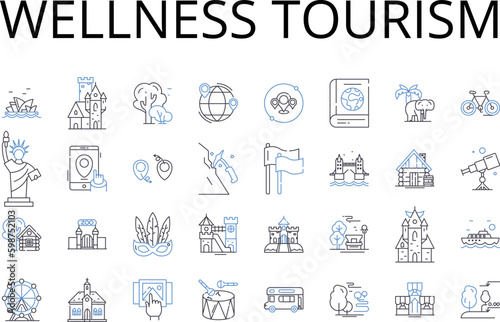 Wellness tourism line icons collection. Adventure travel, Health retreat, Eco-tourism, Luxury vacation, Cultural tourism, Spiritual journey, Sports tourism vector and linear Generative AI