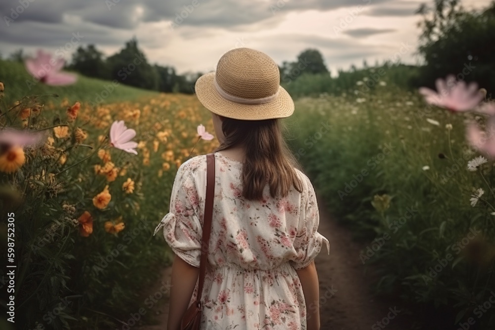 illustration, girl walking on a path among the flowers, ai generative