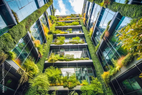 vertical garden as a sustainable way of building constructions of the future, save the planet, carbon absorving, generative ai