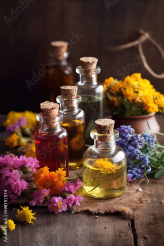 Therapeutic Botanicals. Dark Background with Essential Oils and Medicinal Flora. Natural Remedies. Medical Flowers/Herbs and Essential Oils against Dark Backdrop.