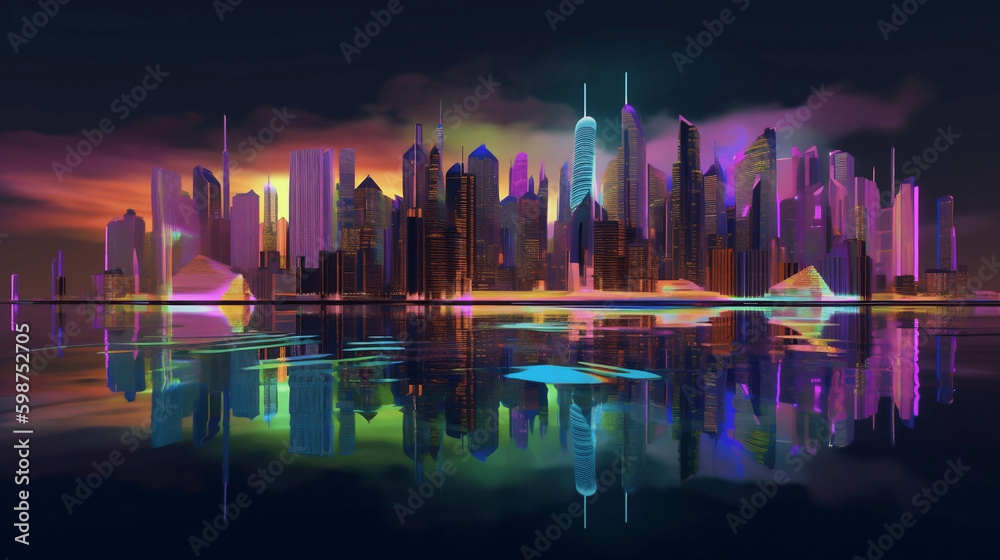 Futuristic City Water Reflected In The Style Of Hyper Colorful Dreamscapes, Nightmarish Illustrations, Dark Palette, Dreamlike Horizons, Realistic, Multi-Colored Minimalism, Futuristic Skyscrapers