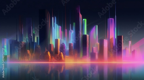 Futuristic City Water Reflected In The Style Of Hyper Colorful Dreamscapes, Nightmarish Illustrations, Dark Palette, Dreamlike Horizons, Realistic, Multi-Colored Minimalism, Futuristic Skyscrapers