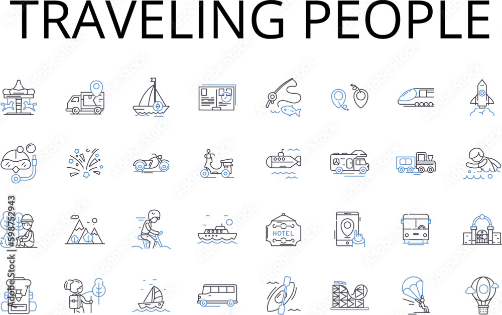 Traveling people line icons collection. Roaming nomads, Wanderlust enthusiasts, Exploring travelers, Adventurous tourists, Jet-setting voyagers, Wayfaring wanders, Peripatetic souls Generative AI