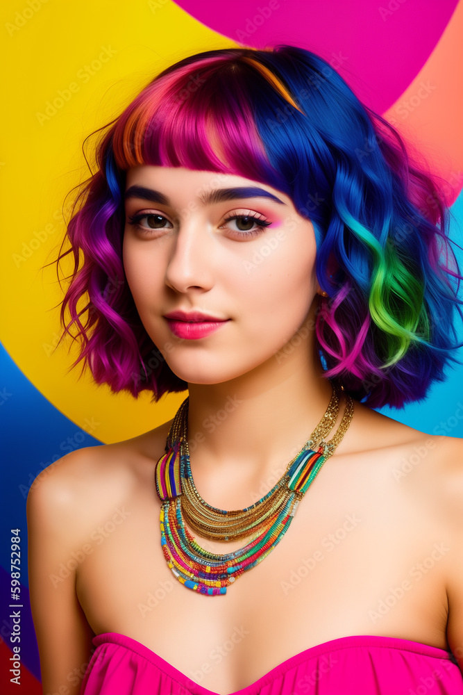 Young cute beautiful girl close-up with bright wavy or curly rainbow multicolored hair and necklace on color background. Generative AI. Young cute beautiful girl close-up with bright wavy or curly rainbow multicolored hair and necklace on color background. Generative AI.