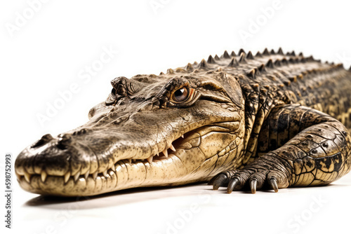 Majestic Predator  An Isolated Crocodile Displays its Fierce Nature with Powerful Teeth and Scales - A Wildlife Wonder.  