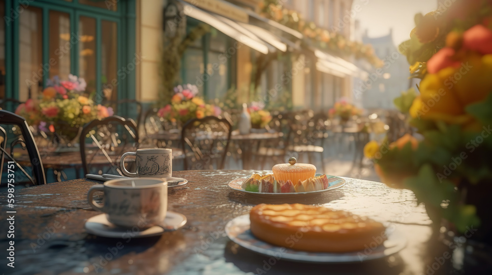 Empty fancy european cafe street terrace with coffee and cookies