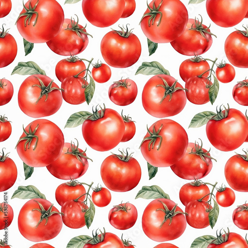 Seamless pattern with many red tomatoes on white background in watercolor style. Generative AI.