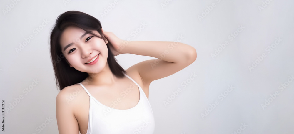 Portrait of Cute Asian Woman, She raises her arm to show her Smooth armpit skin and looks at the camera on a White background in Studio light. generative AI. Portrait of Cute Asian Woman, She raises her arm to show her Smooth armpit skin and looks at the camera on a White background in Studio light. generative AI.