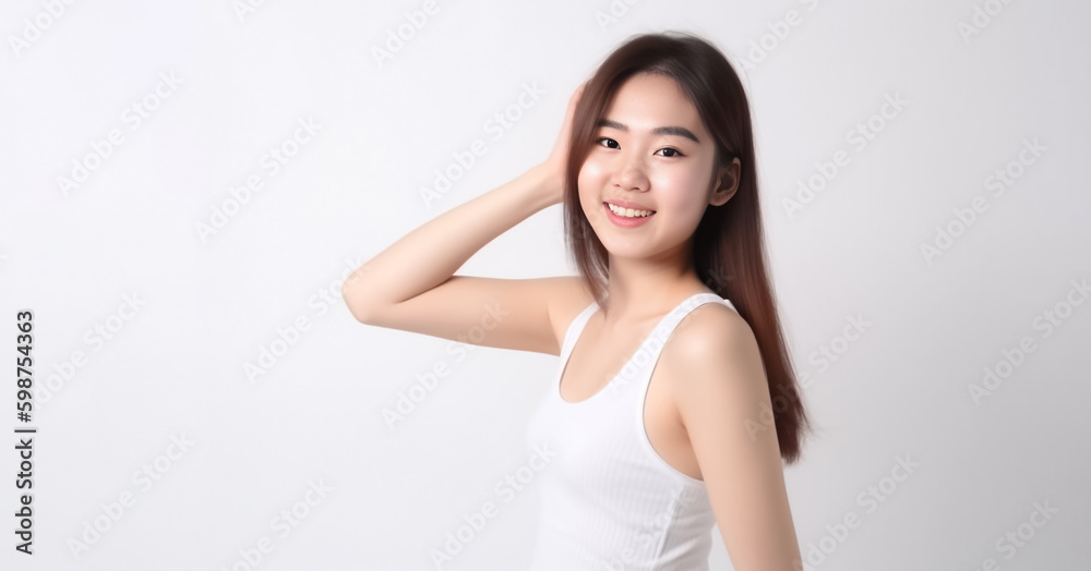 Portrait of Cute Asian Woman, She raises her arm to show her Smooth armpit skin and looks at the camera on a White background in Studio light. generative AI. Portrait of Cute Asian Woman, She raises her arm to show her Smooth armpit skin and looks at the camera on a White background in Studio light. generative AI.