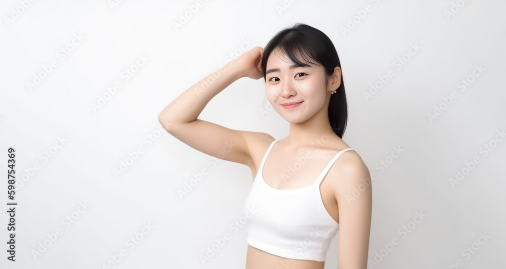 Portrait of Cute Asian Woman, She raises her arm to show her Smooth armpit skin and looks at the camera on a White background in Studio light. generative AI. Portrait of Cute Asian Woman, She raises her arm to show her Smooth armpit skin and looks at the camera on a White background in Studio light. generative AI.
