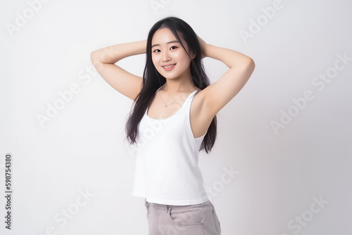 Portrait of Cute Asian Woman, She raises her arm to show her Smooth armpit skin and looks at the camera on a White background in Studio light. generative AI. © Surachetsh
