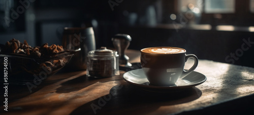 Latte art, with natural light from a window. Generative AI.