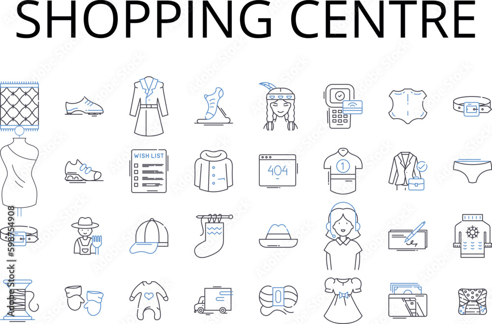 Shopping centre line icons collection. Retail complex, Marketplace, Mall plaza, Trade center, Bazaar hub, Mercantile district, Commercial enclave vector and linear illustration. Generative AI