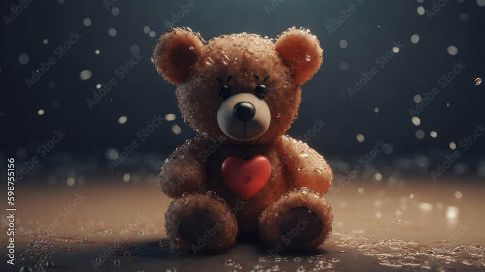 Cute wet teddy bear created with generative AI technology