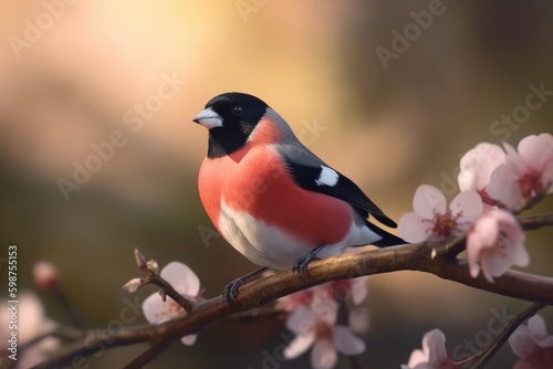 Puffy fluffy bullfinch witting on the tree with spring buds, colorful background Generative AI © zakiroff