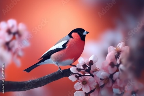 Bullfinch witting on the tree with spring buds, colorful background Generative AI © zakiroff