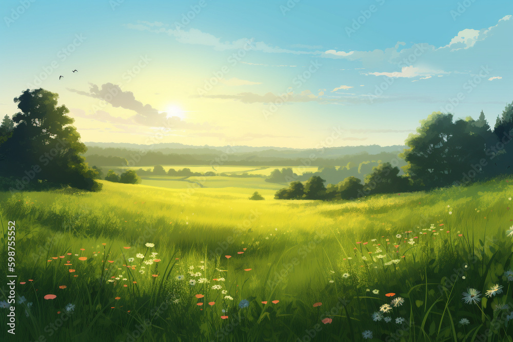 A realistic summer day in the country - the sun is shining in the sky, shining brightly on a lush green meadow filled with wildflowers.