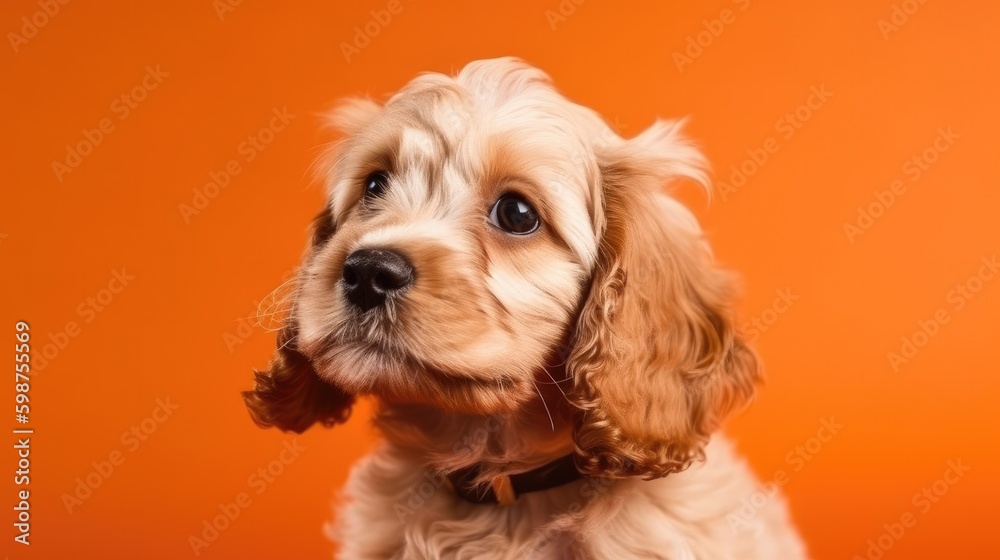 Cute spaniel puppy on orange background with copy space, banner Generative AI Cute spaniel puppy on orange background with copy space, banner Generative AI