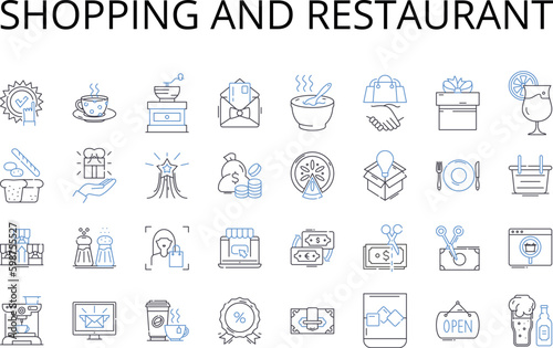 Shopping and restaurant line icons collection. Retail therapy, Eating out, Grocery shopping, Dining, Retail shopping, Takeout, Browsing vector and linear illustration. Fast food,Window Generative AI