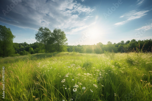 A realistic summer day in the country - the sun is shining in the sky, shining brightly on a lush green meadow filled with wildflowers.