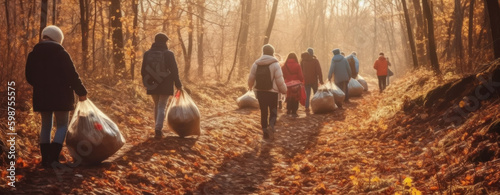 Volunteers cleaning garbage at forest. People collecting trash. AI generative illustration.